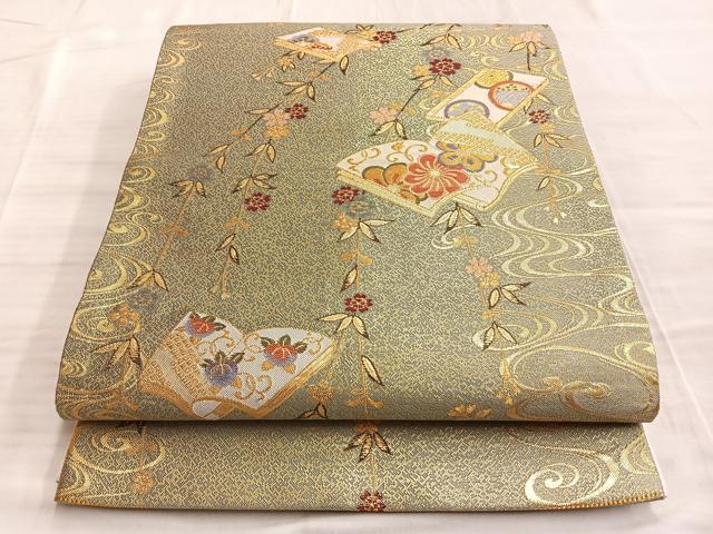 平和屋着物◎六通柄袋帯 舞衣錦 流水草花冊子文様 金糸 正絹 逸品 BAAO4089du