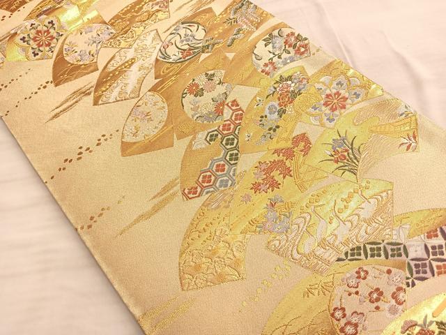 平和屋着物■六通柄袋帯 唐織 扇面取草花文 金糸 正絹 逸品 BAAO5063du