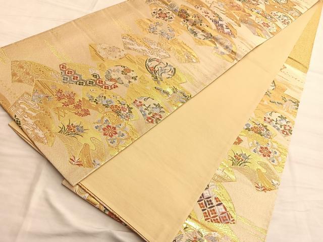 平和屋着物■六通柄袋帯 唐織 扇面取草花文 金糸 正絹 逸品 BAAO5063du