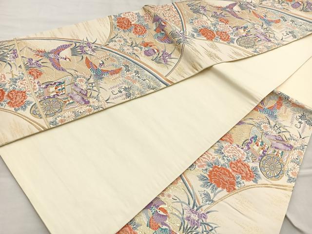 平和屋着物◎六通柄袋帯 唐織 扇面花鳥文 金糸 正絹 逸品 BAAO5299ea