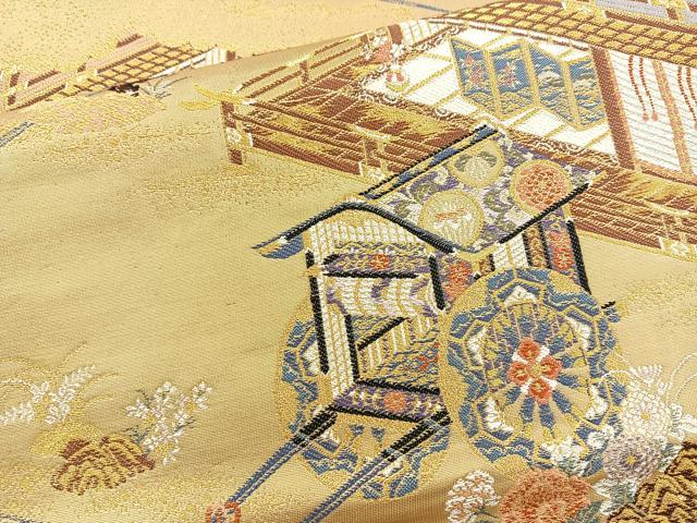 平和屋着物◎六通柄袋帯 淡全九百錦 御殿御所車 金糸 正絹 逸品 BAAO6351cm