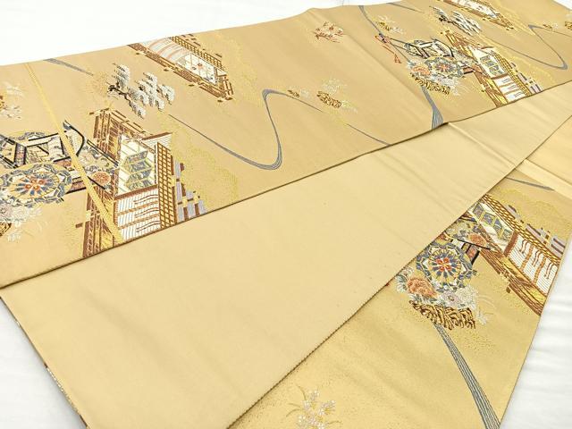平和屋着物◎六通柄袋帯 淡全九百錦 御殿御所車 金糸 正絹 逸品 BAAO6351cm