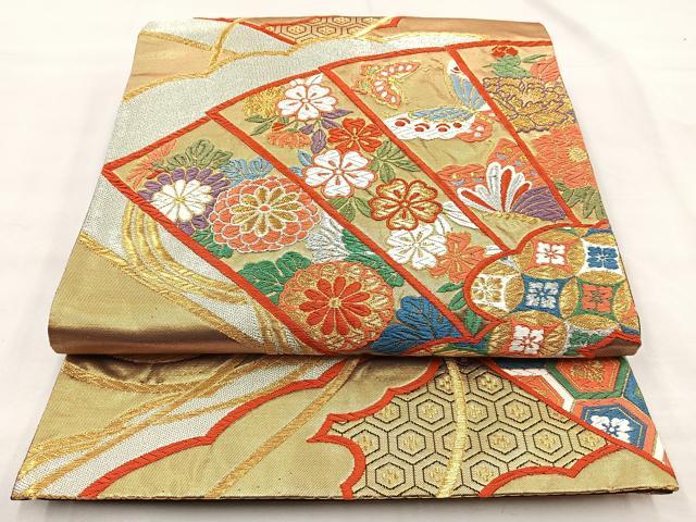平和屋着物◎六通柄袋帯 唐織 扇面花蝶文 金銀糸 正絹 逸品 BAAO6359cm