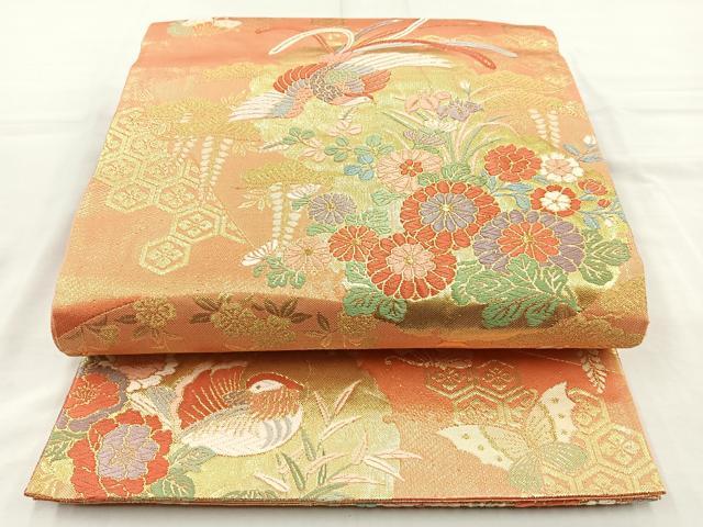 平和屋着物◎佐賀錦 六通柄袋帯 唐織 花鳥文 金糸 正絹 逸品 BAAO6381cm