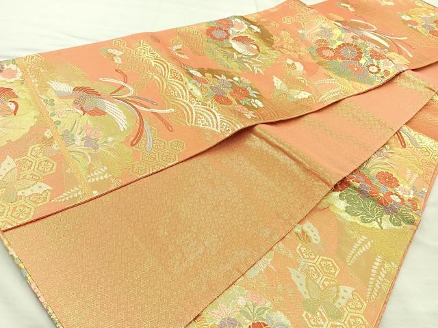 平和屋着物◎佐賀錦 六通柄袋帯 唐織 花鳥文 金糸 正絹 逸品 BAAO6381cm