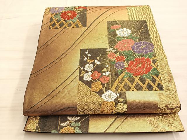平和屋着物■六通柄袋帯 短冊有職草花文 黒地 金糸 正絹 逸品 BAAO8406du