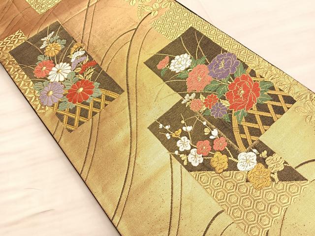 平和屋着物■六通柄袋帯 短冊有職草花文 黒地 金糸 正絹 逸品 BAAO8406du