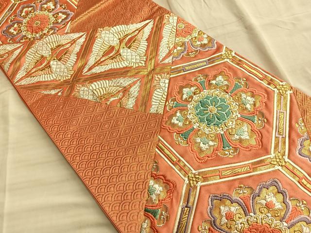 平和屋着物◎六通柄袋帯 唐織 双鶴有職切嵌文様 金銀糸 正絹 逸品 BAAO8518du