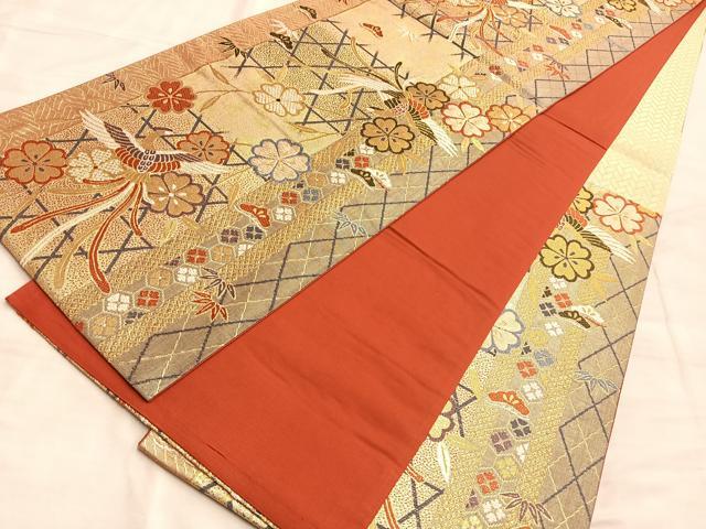 平和屋着物◎六通柄袋帯 唐織 鳳凰桜散らし 金糸 正絹 逸品 BAAO8524du