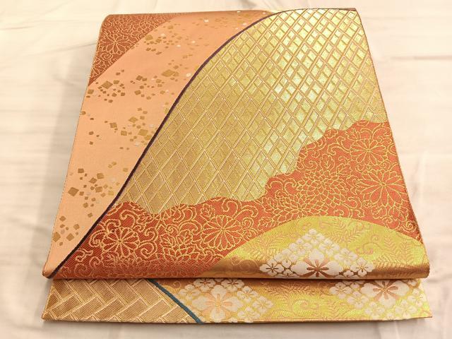平和屋着物◎六通柄袋帯 遠山菱草花文 金糸 正絹 逸品 BAAO8536du