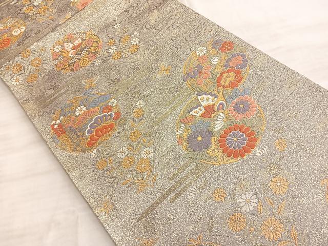 平和屋着物◎六通柄袋帯 唐織 舞蝶花丸文 金糸 正絹 逸品 BAAO8543du