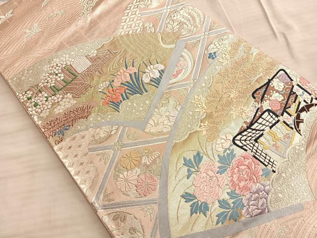 平和屋着物◎六通柄袋帯 唐織 天井絵扇面文 二重箔 正絹 逸品 BAAO8583du