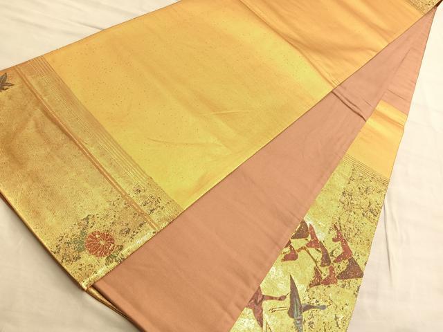 平和屋着物■太鼓柄袋帯 螺鈿箔 飛鶴菊松文 金糸 引箔 正絹 逸品 BAAO9967du