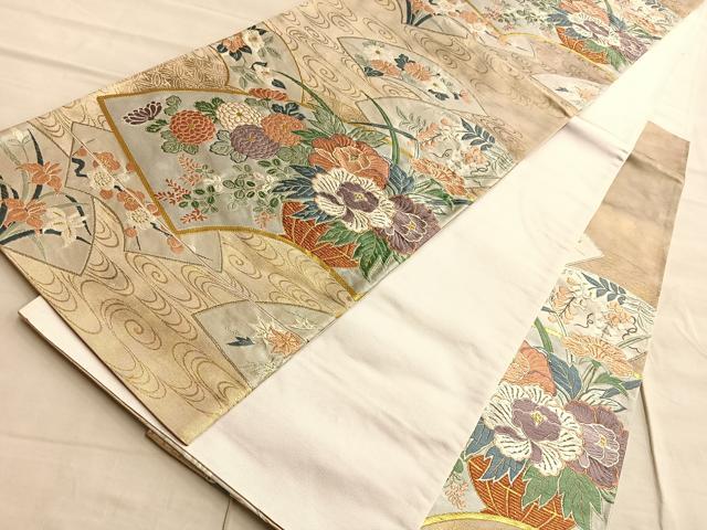 平和屋着物◎太鼓柄袋帯 唐織 地紙飾花文様 金銀糸 正絹 逸品 BAAP0161du