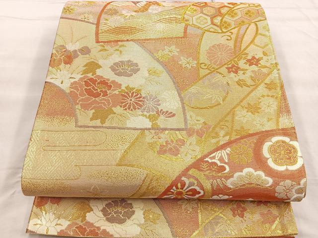 平和屋着物◎佐賀錦 六通柄袋帯 熨斗地紙花鳥文 金糸 正絹 逸品 BAAP1811ea