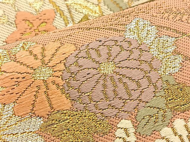 平和屋着物◎六通柄袋帯 唐織 地紙花鳥文 本うるし箔 金銀糸 正絹 逸品 BAAP1872ea
