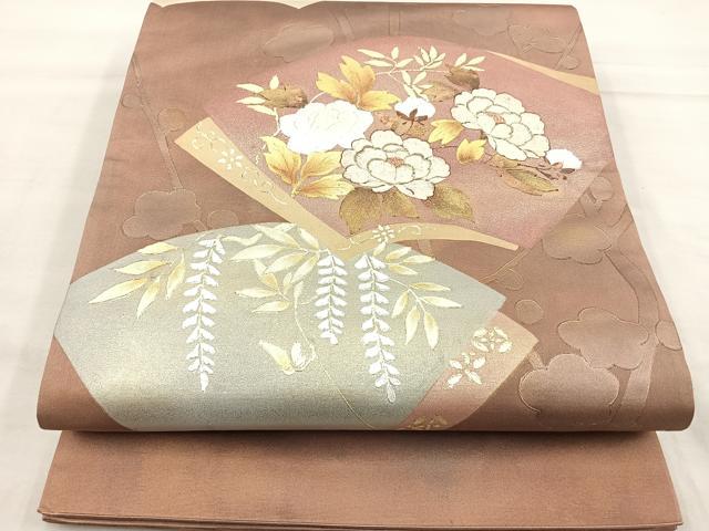 平和屋着物◎太鼓柄袋帯 駒刺繍 地紙重ね花文 金銀彩 正絹 逸品 BAAP4186ea