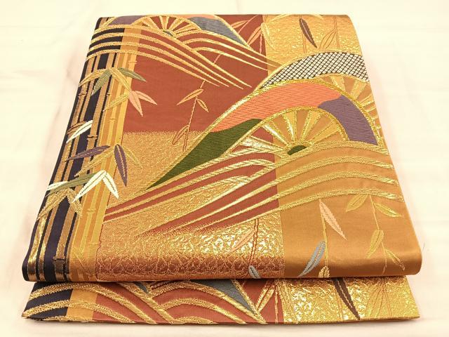 平和屋着物◎六通柄袋帯 唐織 片輪車笹の葉文 金糸 正絹 逸品 BAAQ4248du