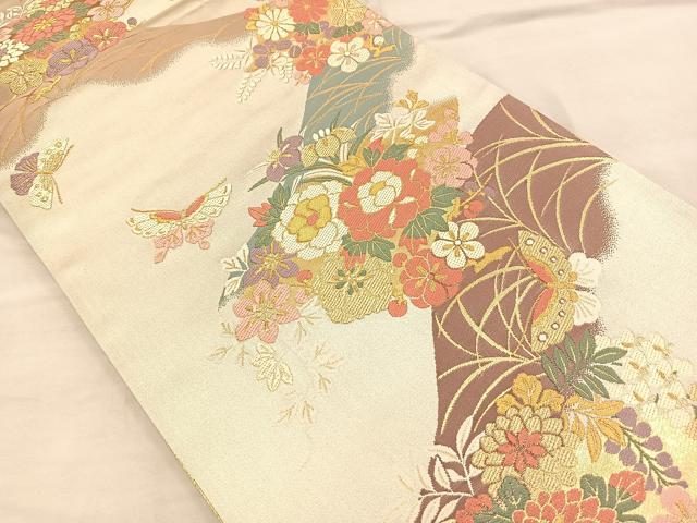 平和屋着物◎佐賀錦 両面 六通柄袋帯 唐織 遠山花蝶文 金糸 正絹 逸品 BAAQ4281du