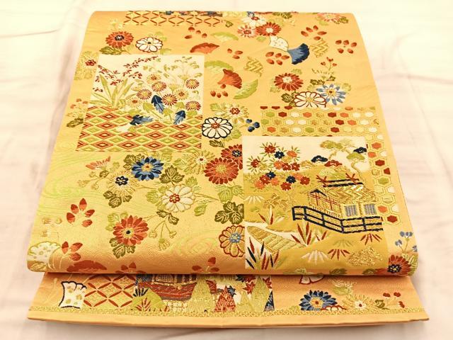 平和屋着物◎六通柄袋帯 唐織 風景文 金糸 正絹 逸品 BAAQ4337du