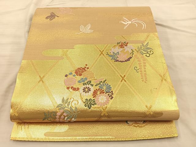 平和屋着物◎六通柄袋帯 唐織 鳳凰花丸文 金糸 正絹 逸品 BAAQ4342du