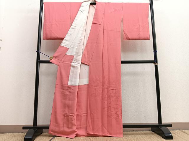 平和屋着物■付下げ 色無地 菊花地紋 今様色 正絹 逸品 BAAQ5757yc