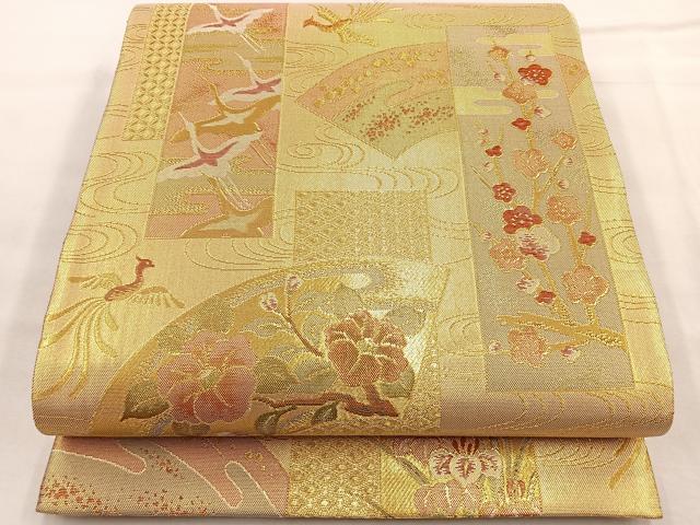 平和屋着物◎佐賀錦 六通柄袋帯 短冊地紙花鳥文 金糸 正絹 逸品 BAAQ5804ea