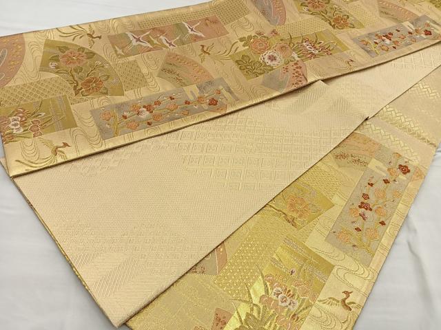 平和屋着物◎佐賀錦 六通柄袋帯 短冊地紙花鳥文 金糸 正絹 逸品 BAAQ5804ea