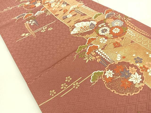 平和屋着物◎六通柄袋帯 唐織 雪輪花蝶文 金糸 正絹 逸品 BAAQ5814ea