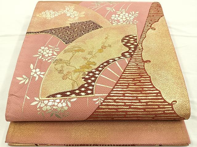 平和屋着物◎太鼓柄袋帯 駒刺繍 雪輪地紙花文 金銀彩 正絹 逸品 BAAQ5882ea