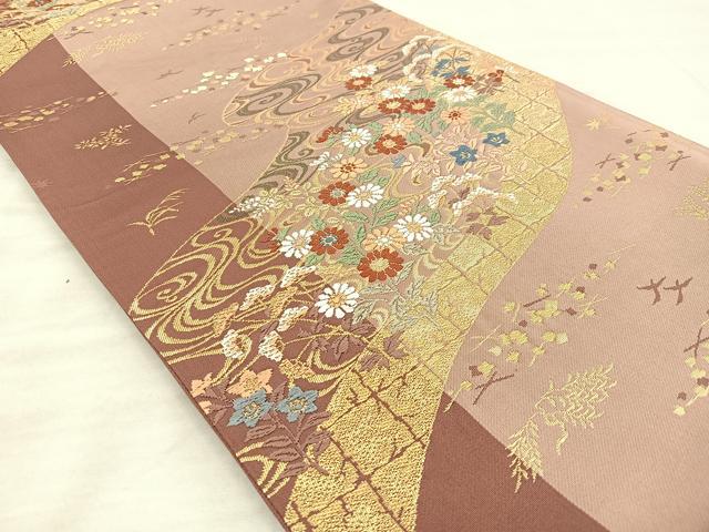 平和屋着物◎六通柄袋帯 唐織 流水花文 金糸 正絹 逸品 BAAQ6345if