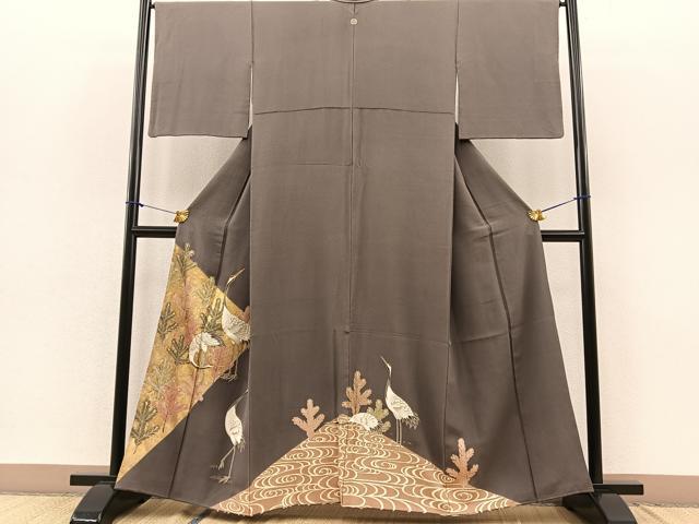 平和屋着物■豪華色留袖 駒刺繍 群鶴若松葉文 金彩 正絹 逸品 BAAQ7379hv