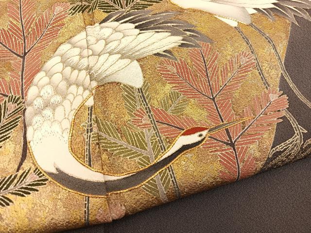 平和屋着物■豪華色留袖 駒刺繍 群鶴若松葉文 金彩 正絹 逸品 BAAQ7379hv
