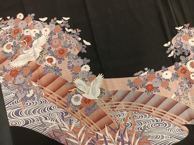 平和屋着物■豪華黒留袖 駒刺繍 渡橋飛鶴花文 金彩 正絹 逸品 BAAQ7450ev