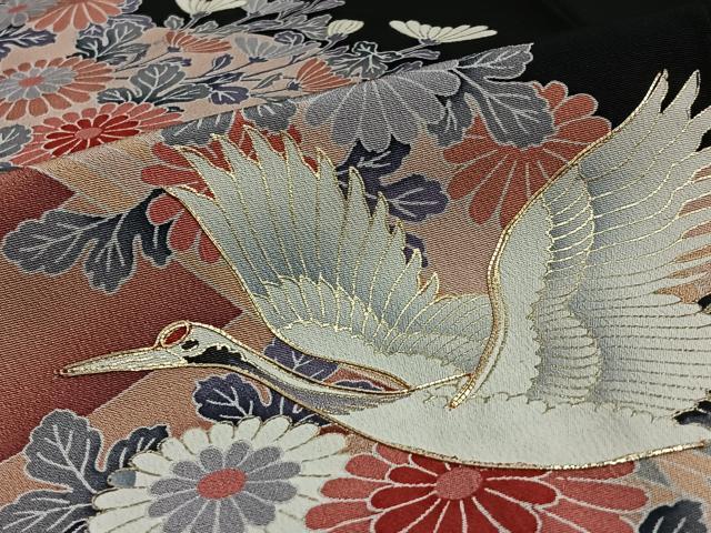 平和屋着物■豪華黒留袖 駒刺繍 渡橋飛鶴花文 金彩 正絹 逸品 BAAQ7450ev