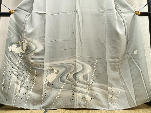 平和屋着物■色留訪問着 作家物 刺繍 白鷺 暈し染め 正絹 逸品 BAAQ7550ev