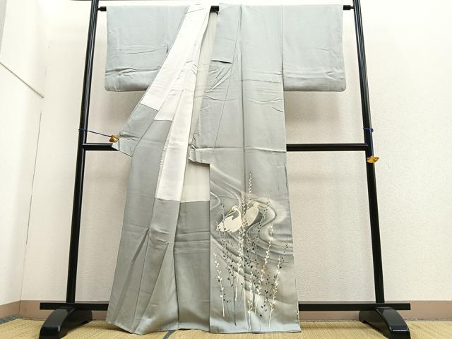 平和屋着物■色留訪問着 作家物 刺繍 白鷺 暈し染め 正絹 逸品 BAAQ7550ev