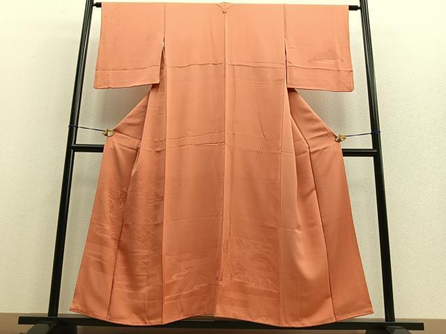 平和屋着物■付下げ 色無地 エ霞遠山花地紋 柿色 正絹 逸品 BAAQ7625ev