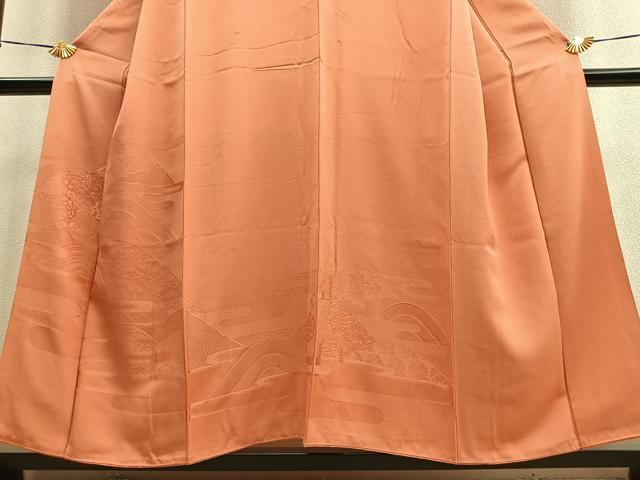 平和屋着物■付下げ 色無地 エ霞遠山花地紋 柿色 正絹 逸品 BAAQ7625ev