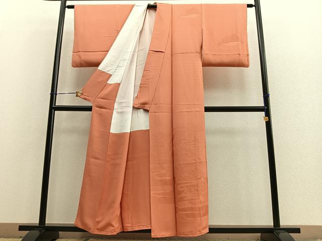 平和屋着物■付下げ 色無地 エ霞遠山花地紋 柿色 正絹 逸品 BAAQ7625ev