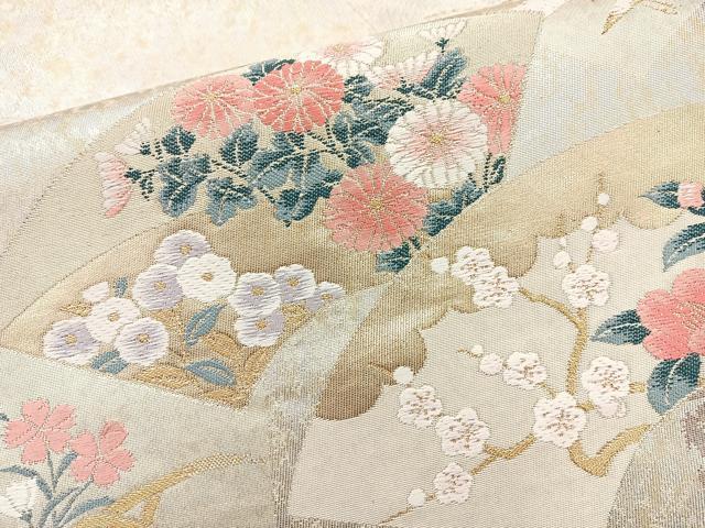 平和屋着物◎六通柄袋帯 唐織 琳派扇面花文 金銀糸 正絹 逸品 BAAQ9417cm