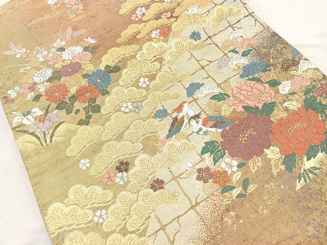 平和屋着物◎六通柄袋帯 唐織 松山花鳥紋 金糸 正絹 逸品 BAAQ9441cm