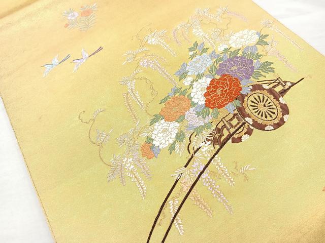 平和屋着物◎六通太鼓柄袋帯 花車文 金糸 引箔 正絹 逸品 BAAQ9456cm
