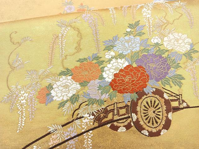 平和屋着物◎六通太鼓柄袋帯 花車文 金糸 引箔 正絹 逸品 BAAQ9456cm