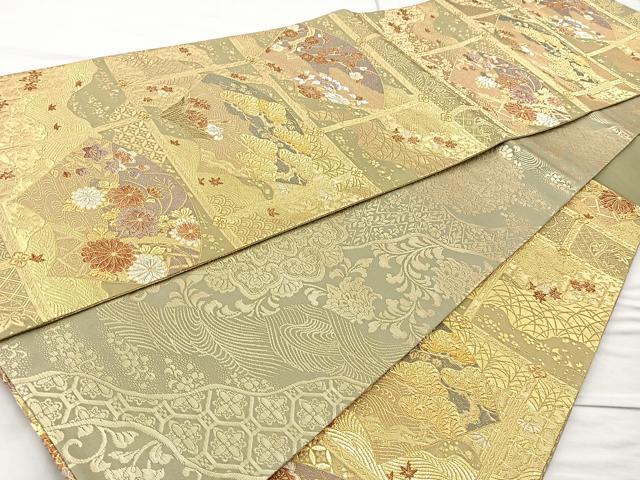 平和屋着物◎六通柄袋帯 飾棚扇花文 金糸 正絹 逸品 BAAQ9473cm