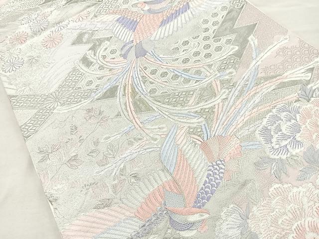 平和屋着物◎六通柄袋帯 唐織 九百錦 尾長鳥文 プラチナ箔 正絹 逸品 BAAQ9527cm