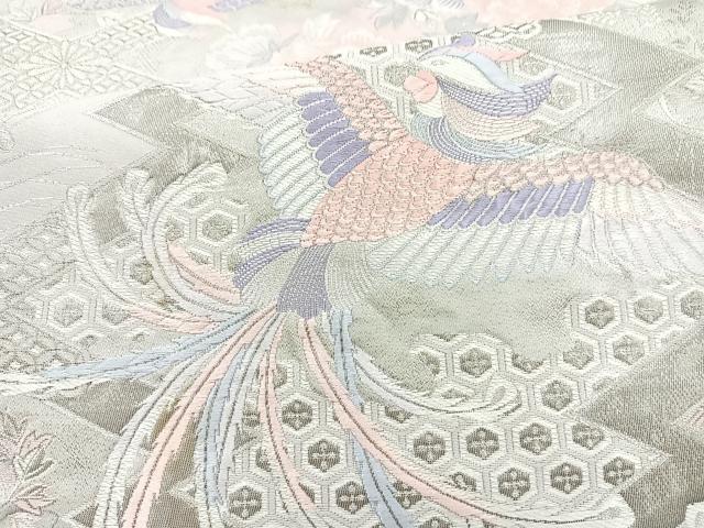 平和屋着物◎六通柄袋帯 唐織 九百錦 尾長鳥文 プラチナ箔 正絹 逸品 BAAQ9527cm