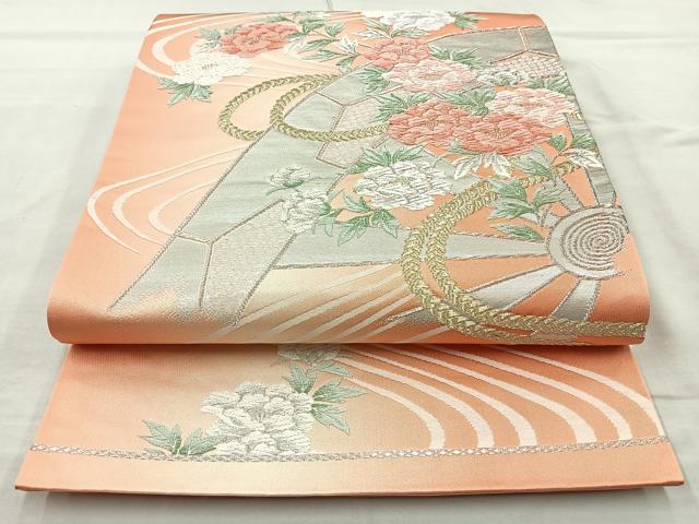 平和屋着物◎六通柄袋帯 唐織 片輪車花文 金銀糸 正絹 逸品 BAAQ9548cm