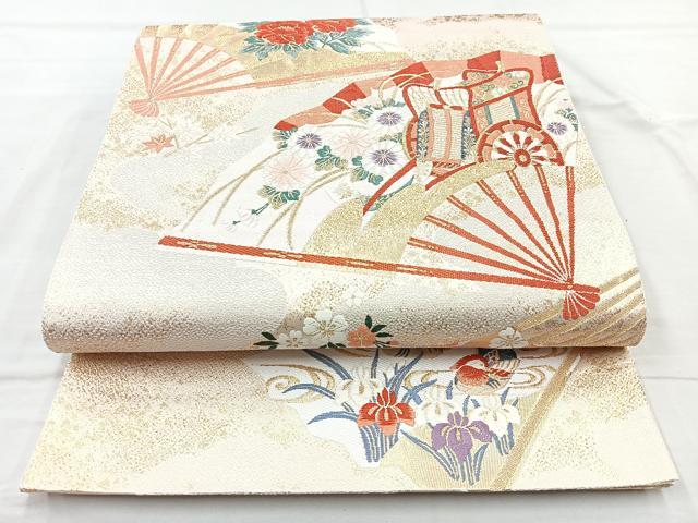 平和屋着物◎六通柄袋帯 唐織 扇面御所車花鳥文 金糸 正絹 逸品 BAAQ9552cm