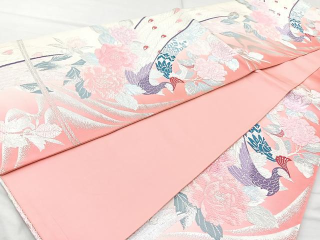平和屋着物◎六通柄袋帯 唐織 孔雀花文 銀糸 正絹 逸品 BAAQ9553cm
